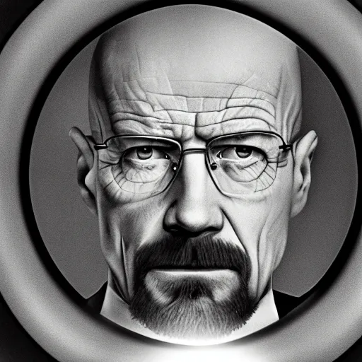 Image similar to Walter white looking through a portal at another Walter