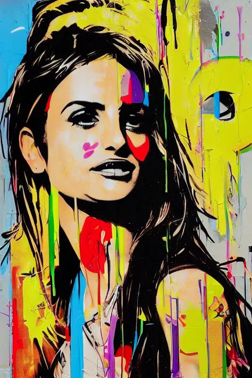 Prompt: graffiti, splash painting, portrait of penelope cruz, artwork by bansky