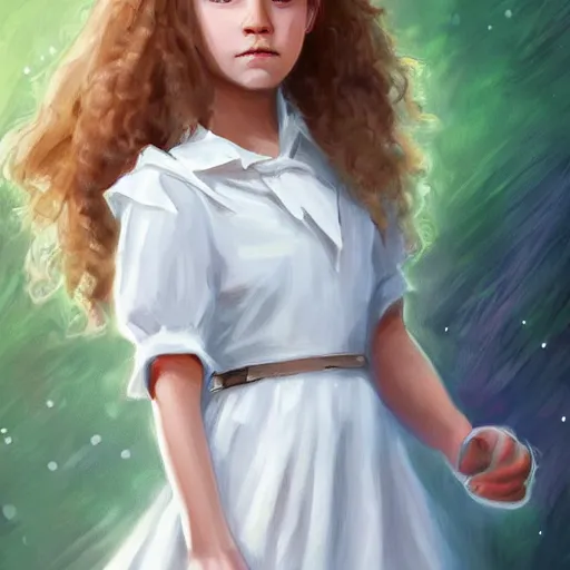 Prompt: Hermione Granger as a young girl in white dress art drawn in art style of WLOP full HD 4K highest quality realistic beautiful gorgeous natural WLOP artist painting