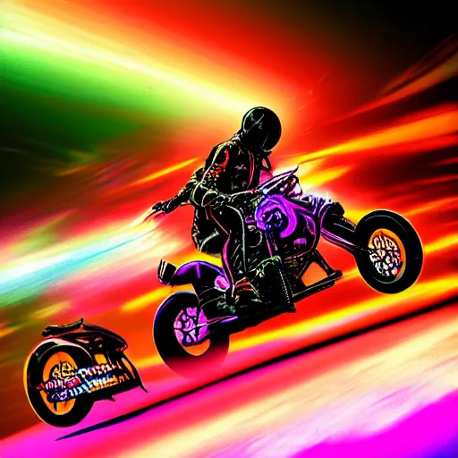 Image similar to psychedelic blacklight neon airbrush artwork, motorcycle, hyper stylized cinematic action shot of an orc racing on a motorcycle, menacing orc, drifting, skidding, wheelie, clear focused details, soft airbrushed artwork, black background, post apocalypse, cgsociety, artstation