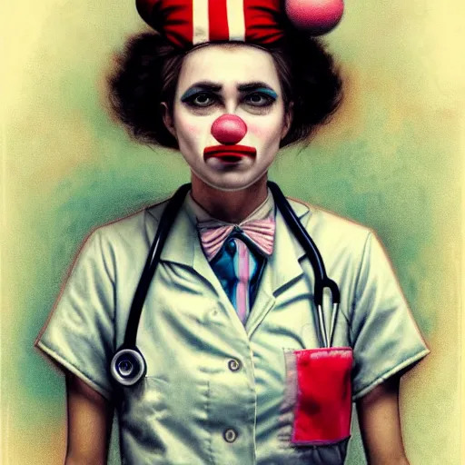 Image similar to clowncore pastel punk young hospital nurse wearing stylish uniform. detailed, portrait, 8 k, artwork by jean - baptiste monge