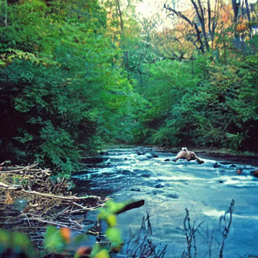 Prompt: cahaba river alabama, raccoon in foreground, kodak ektachrome e 1 0 0,