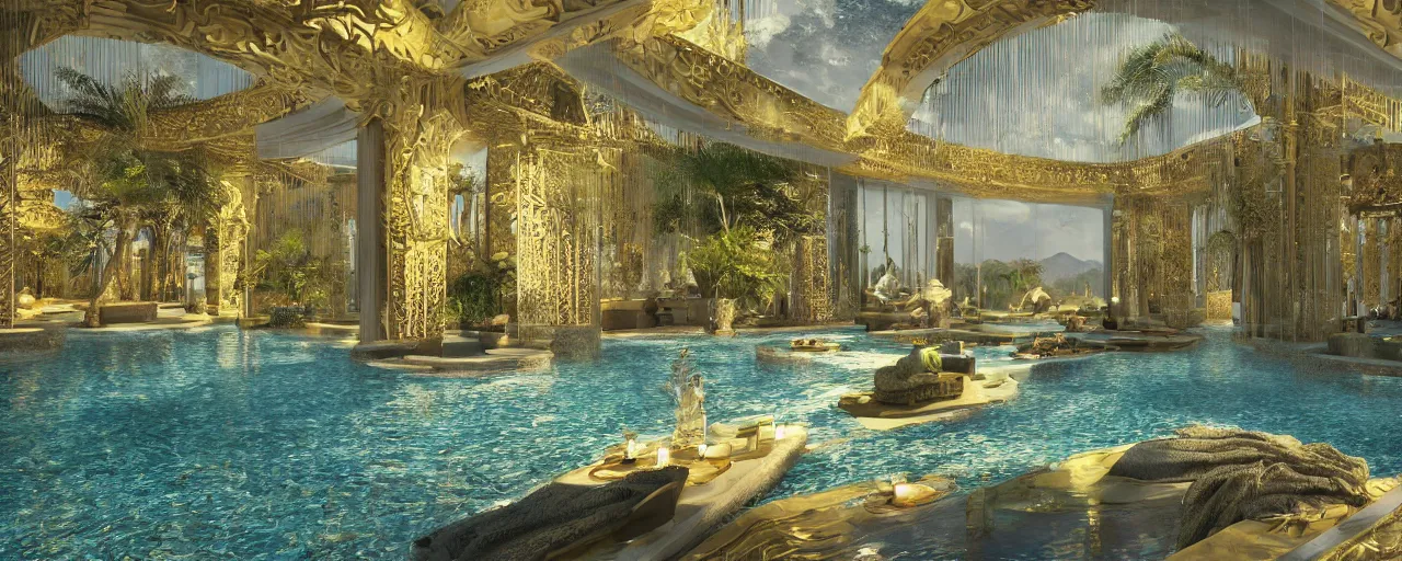 Image similar to surreal hyper luxury spa with intricate golden details with view to arid mountains and palm forest, ultra detailed, photorealism, sharp focus, volumetric light, global illumination