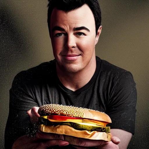 Prompt: hyperrealistic mixed media image of seth macfarlane eating a cheeseburger, stunning 3 d render inspired art by istvan sandorfi and greg rutkowski, perfect facial symmetry, realistic, highly detailed attributes and atmosphere, dim volumetric cinematic lighting, 8 k octane extremely hyper - detailed render, post - processing, masterpiece,