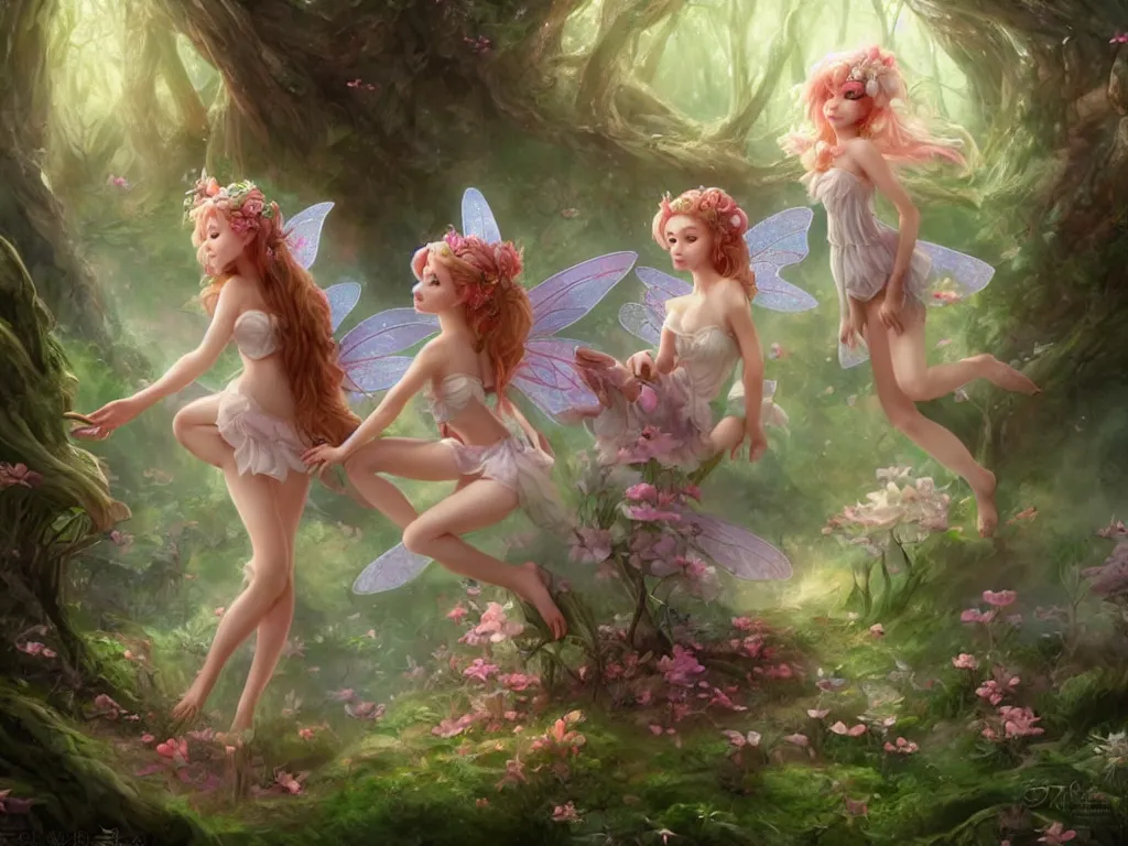 Image similar to two cute fairy in the dreamy forest, fantasy, dreamlike, 8 k resolution, hyper detailed, d & d, character design, digital painting, trending on artstation, sharp focus, illustration, art by artgerm, viktoria gavrilenko, hoang lap, fuji choko, steve zheng