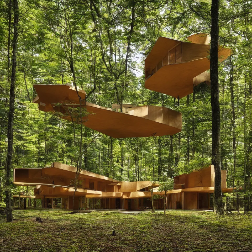 Prompt: architecture ad for a mid-century modern house in the middle of the forrest, designed by Kengo Kuma. Film grain, cinematic, yellow hue