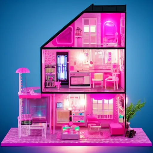 Image similar to a cute pink cyberpunk tiny doll house, barbie house by mattel, cute little garden, octane rendered, led lighting, 4 k