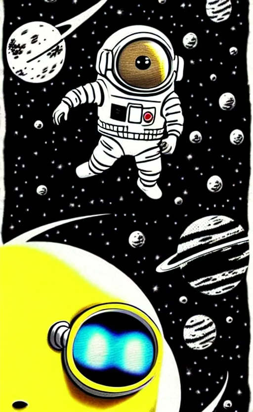 Image similar to Astronaut Minion on the outer space floating drawn by Kim Jung Gi, fancy, characteristic, moon, planets, black hole