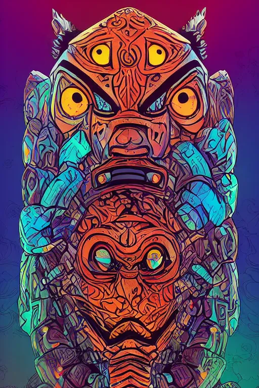 Image similar to totem animal tribal chaman vodoo mask feather gemstone plant wood rock video game illustration vivid color borderlands by josan gonzales and dan mumford radiating a glowing aura