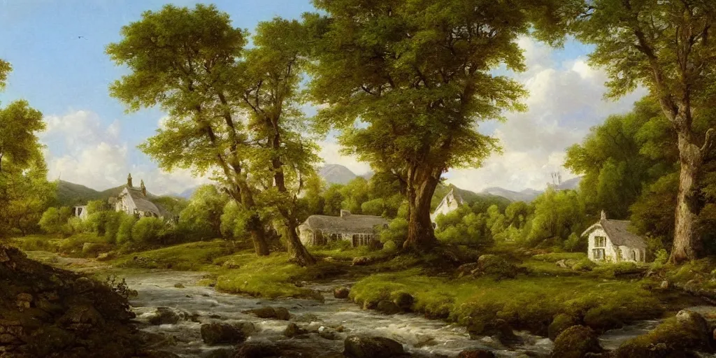 Prompt: a beautiful landscape painting of a cottage by a river in a valley, spring season, by john glover, oil on canvas, highly detailed, hd, 4 k