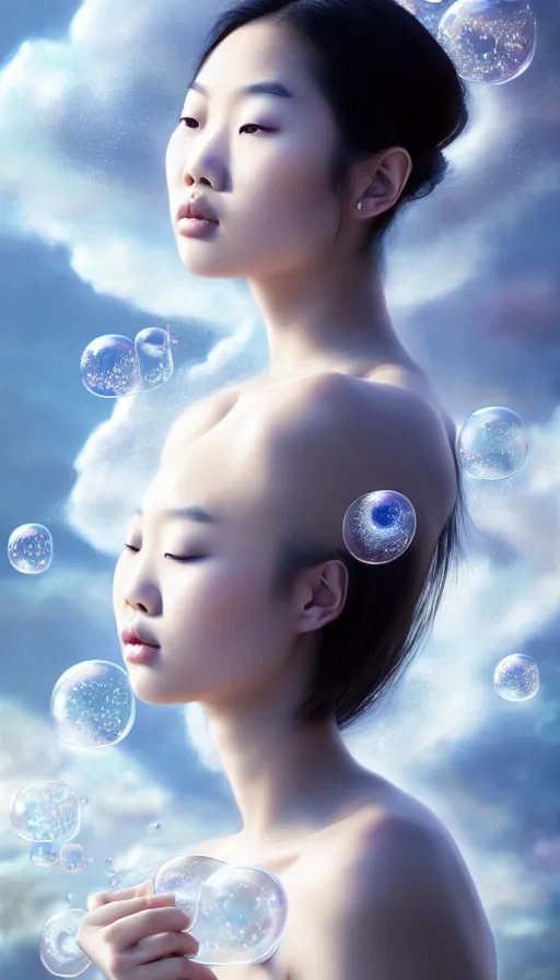 Image similar to photo of a gorgeous young asian girl , searching for eternity, cloud goddess, duality, far away dreams in bubbles in the style of stefan kostic, hyper realistic, sharp focus, 8k high definition, high fashion, vogue, insanely detailed, intricate, elegant, art by stanley lau and artgerm