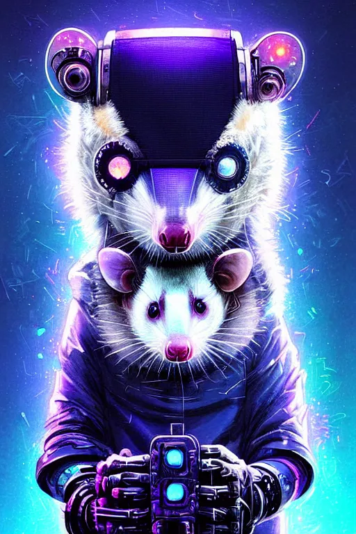 Image similar to a beautiful portrait of a cute cyberpunk opossum aaaaaaaaaa by sandra chevrier and greg rutkowski and wlop, purple blue color scheme, high key lighting, volumetric light, digital art, highly detailed, fine detail, intricate, ornate, complex, octane render, unreal engine, photorealistic