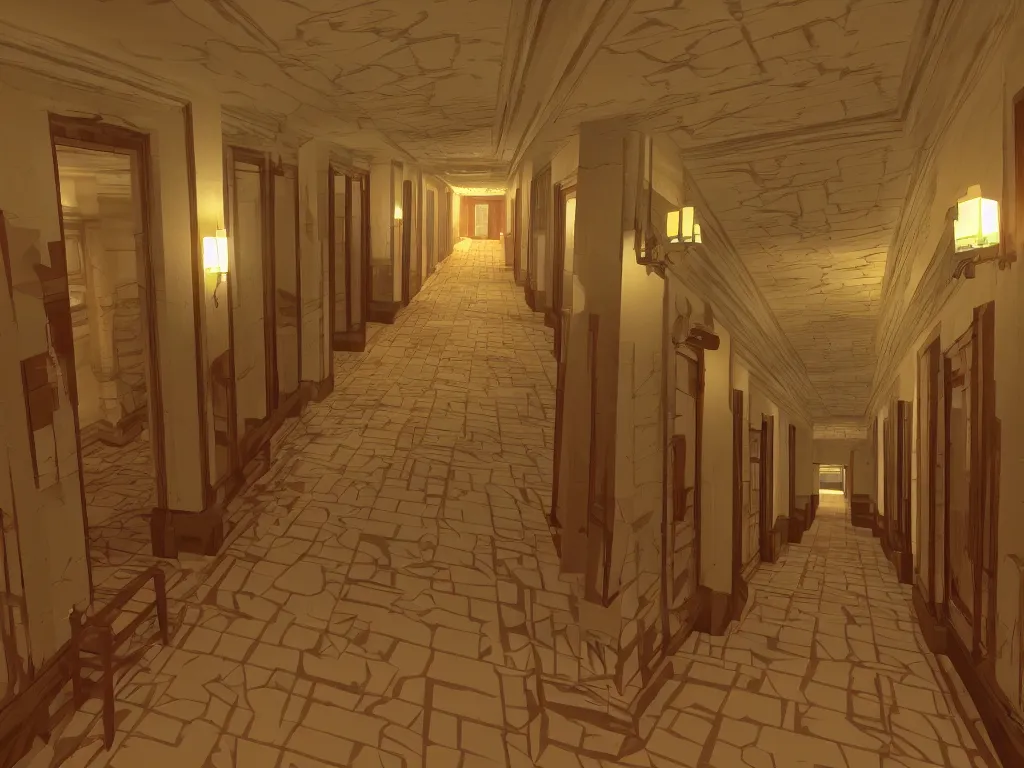 Image similar to The Shining Hotel corridor as a PS1 third person video game, low poly