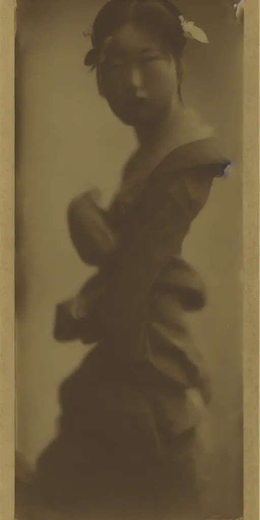 Image similar to a wet plate photography of a young asiatic young woman, geisha, photorealistic, cinematic light, highly detailed, shallow depth of field