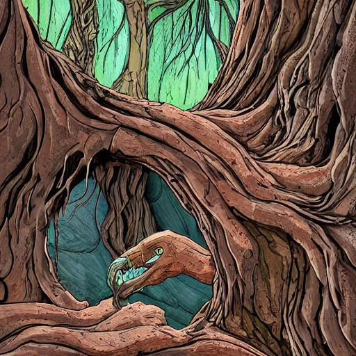 Prompt: Seeping through the cracks in the wood, the thick fluid piping from the giant's mouth is a color like no other. Clay-colored and liquid, it flows between the cracks at an alarming rate. Stricken with awe, the frizzy-haired viper stares up into the giant's face.