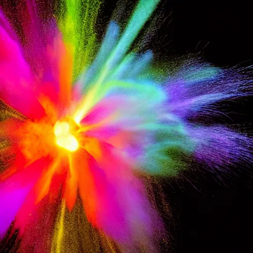 Image similar to A centered explosion of colorful powder on a black background