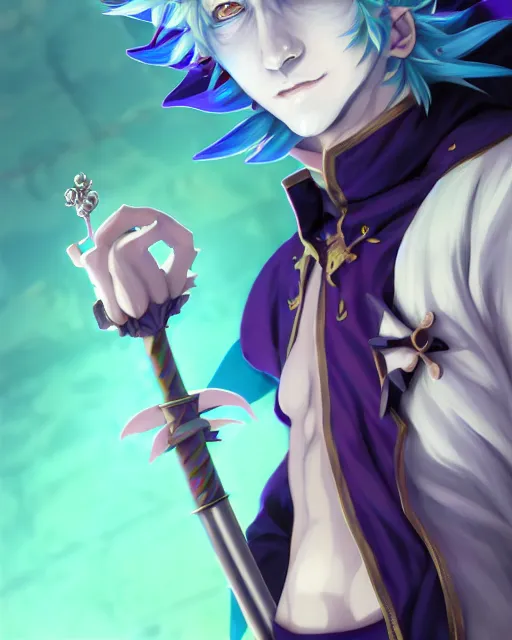 Image similar to extremely attractive soft feminine male as a jester anime character screenshot, nagito komaeda and hisoka jester, anime feminine male fool, intricate, sharp focus, illustration, highly detailed, digital painting, cell shaded, concept art, matte, art by ilya kuvshinov and kyoto animation and wlop, ruan jia, greg rutkowski, studio quality