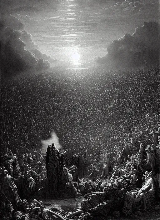 Image similar to hell, epic scene, photorealistic, highly detailed, texture, soft light, dramatic, moody, ambient, painting by gustave dore
