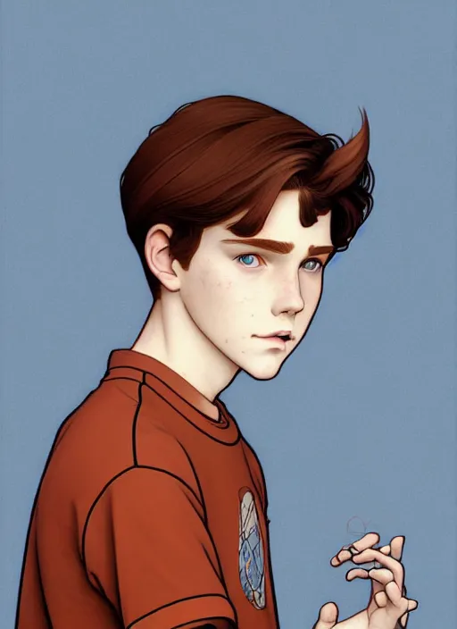 Image similar to art nouveau portrait of a teen boy with completely straight auburn hair, light blue eyes, pale skin, freckles, sad expression, t - shirt, modern casual clothing, natural lighting, path traced, highly detailed, high quality, cartoon, digital painting, by don bluth and ross tran and studio ghibli and alphonse mucha