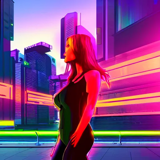 Image similar to cyberpunk woman standing in front of the cityscape, neon colors, sunset, realistic digital painting