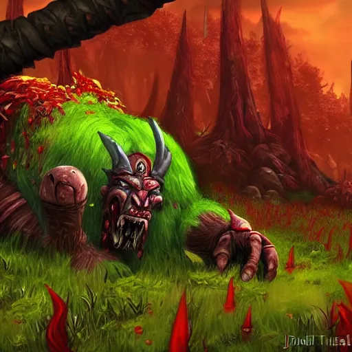 Prompt: world of warcraft troll in bloody red jungle!!!! red trees red foliage red grass red leaves