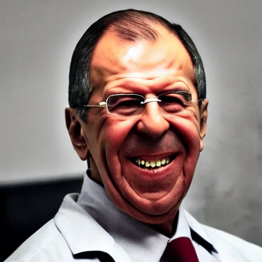 Prompt: Sergei lavrov is smiling crazy bloody butcher in slaughterhouse TERRIFYING SCARY LOOKING AT YOU UP CLOSE HORRIFYING historical asylum Black and white picture of bloody Sergei lavrov as butcher in slaughterhouse smiling bloody teeth
