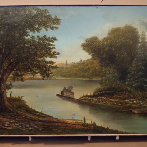 Prompt: painting of a victorian town next to a lake. Highly detailed, well lit