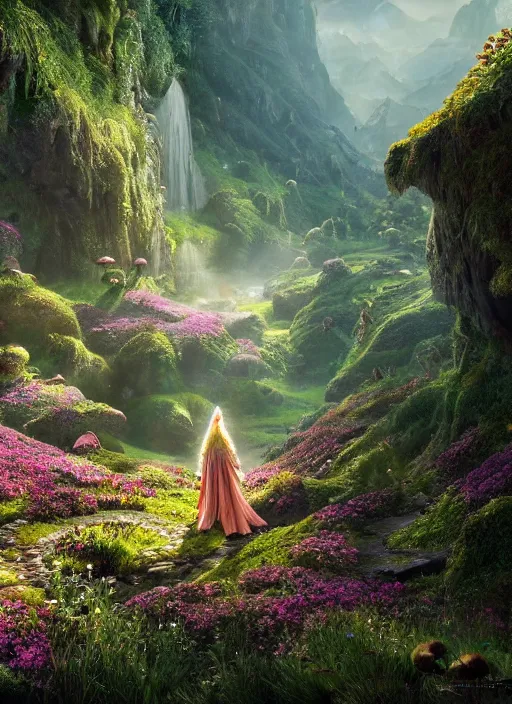 Image similar to a beautiful fairy in the lord of the rings scenery landscape, looking out at a vast lush valley of flowers and mushroom structures, sunrise, god's rays highly detailed, vivid color, cinematic lighting, perfect composition, 8 k, gustave dore, derek zabrocki, greg rutkowski, belsinski, octane render