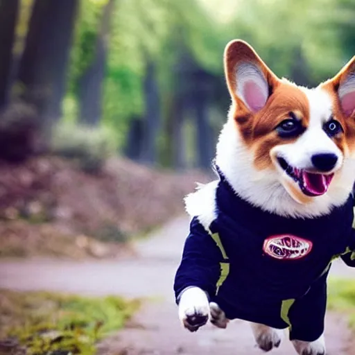 Image similar to people running away screaming scared for their life from a cute derpy corgi with the tongue out