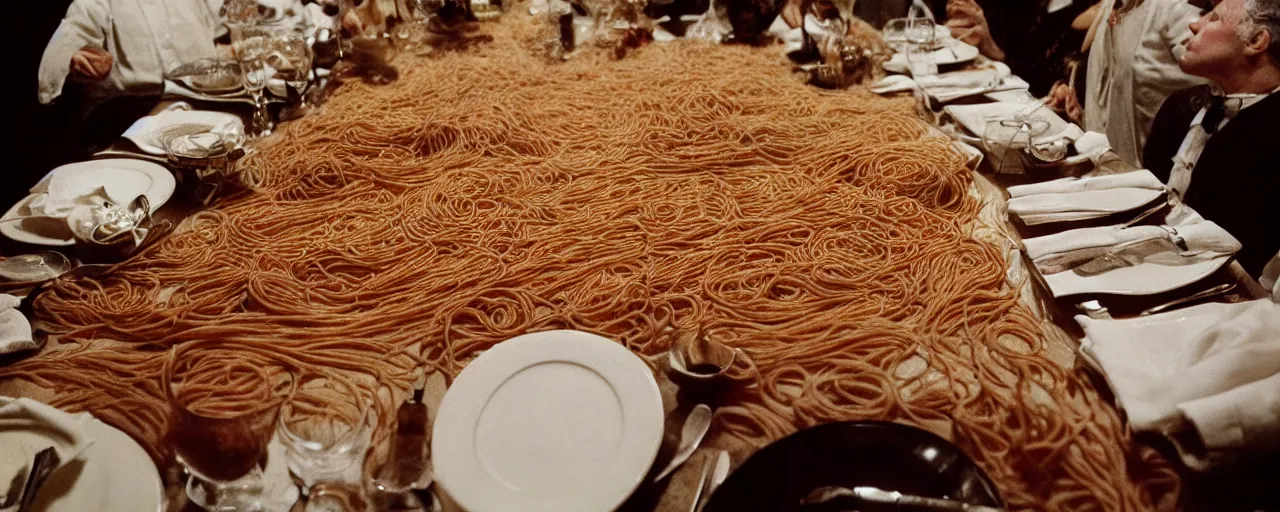 Image similar to a long banquet table covered in spaghetti, victorian era, ravenous guests, canon 5 0 mm, cinematic lighting, photography, retro, film, kodachrome, closeup