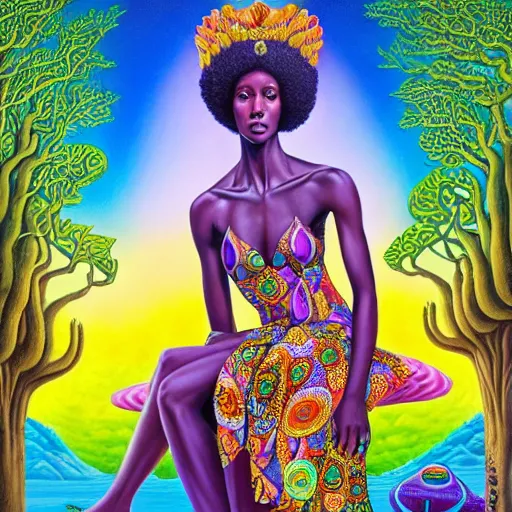 Image similar to a regal and heroic african queen with a colorful afro and her pet dragon sitting in a cabana near a larg near a pink river with a large glowing baobab tree, by amanda sage and alex grey and evgeni gordiets in a surreal psychedelic style, symmetrical, detailed eyes, oil on canvas 8k, hd