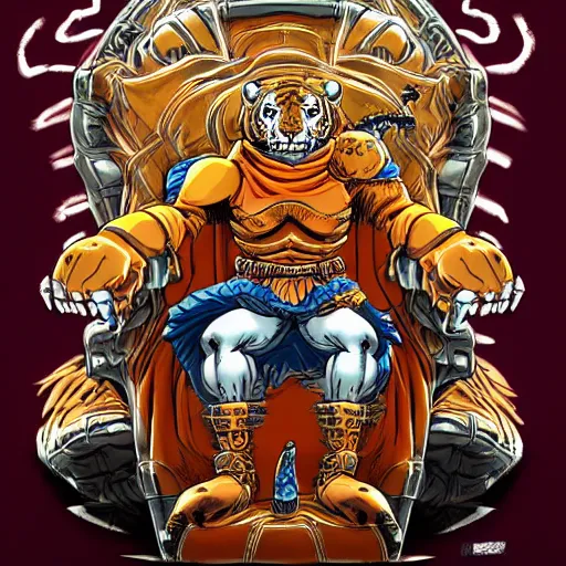 Image similar to anthropomorphic tiger warlord sit on his throne in the style of Akira Toriyama, digital art, detailed, stylized, full body portrait