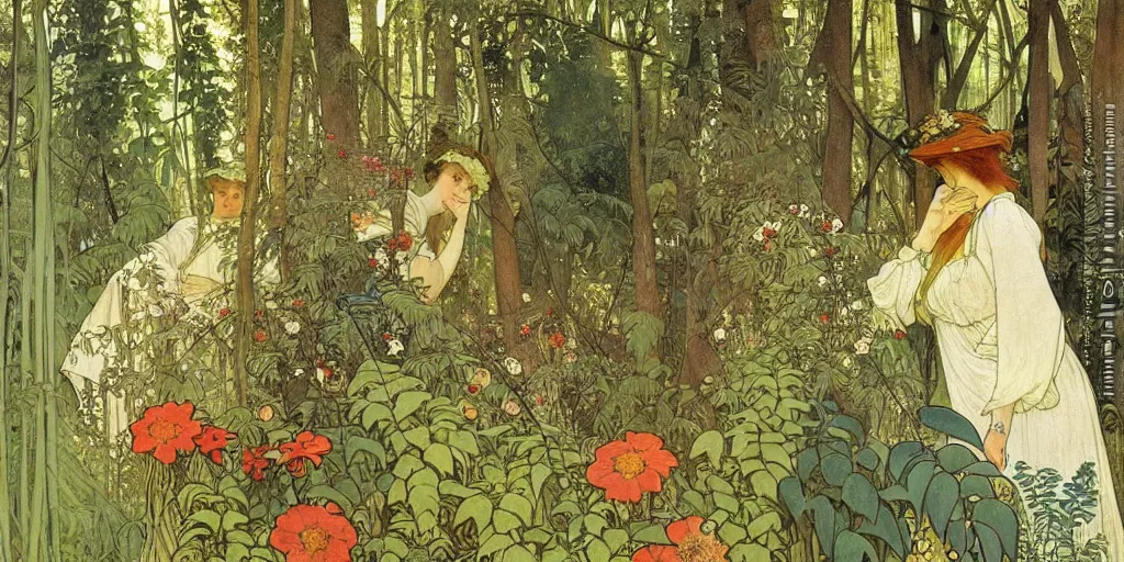 Image similar to a beautiful painting of wild animals in the woods with vines and ferns and flowers, painted by carl larsson and alphonse mucha