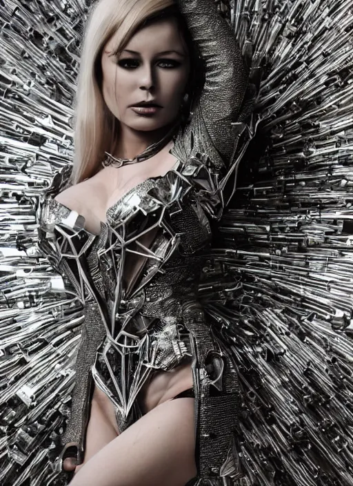 Image similar to expressive full body photo of young bridget bardot, dress made of steel blades, glamour shot, by karol bak, stefan gesell, photorealistic, nikon d 4 x, fashion photography, hyper maximalist, elegant, ornate, luxury, elite, environmental portrait, symmetrical features, octane render, unreal engine, solid dark grey background, dramatic lights