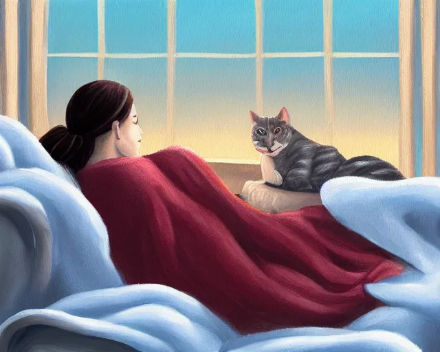 Prompt: a beautiful warm fuzzy painting of a woman curled up with a blanket, petting a cat who is purring with eyes closed. they are both sitting next to a window watching the sun set in winter. trending on artstation, concept art, lofi, digital illustration