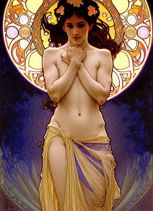 Image similar to awe-inspiring award-winning concept art nouveau painting of attractive figure called the goddess of the moonbow, by Alphonse Mucha, Michael Whelan, William Adolphe Bouguereau, John Williams Waterhouse, and Donato Giancola, fierce, extremely moody lighting, glowing light and shadow, atmospheric, shadowy, cinematic, diffuse lighting, fantasy, intricate, elegant, highly detailed, lifelike, photorealistic, digital painting, artstation, illustration, concept art, smooth, sharp focus, art by John Collier and Albert Aublet and Leonardo da vinci and Krenz Cushart and Artem Demura and Alphonse Mucha