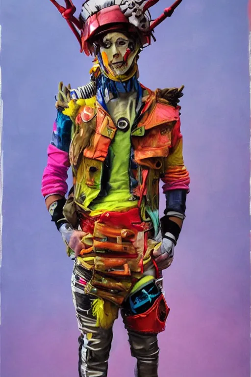 Prompt: a male character wearing a diy! costume, punk, with fluo colored details and a transparent helmet, muted colors, vivienne westwood, nausicaa, hyper real painting