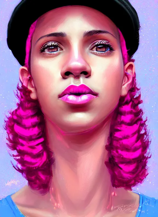 Image similar to portrait of teenage vanessa morgan with bright pink hair, black girl, curly pixie cut hair, wearing newsboy cap, pink short haircut, newsboy cap, hoop earrings, blue eyes, intricate, elegant, glowing lights, highly detailed, digital painting, artstation, concept art, smooth, sharp focus, illustration, art by wlop, mars ravelo and greg rutkowski