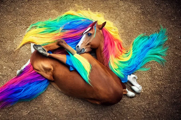 Image similar to Rainbow-Dash, Horse laying down, Professional equine photography with mood lighting, Equestria