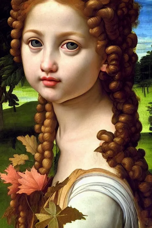 Image similar to renaissance painting of young girl in the garden, closeup, curly long hair, face closeup, emotions closeup, dressed in roman armour, the beautiful garden with maple leaves everywhere, ultra detailed, art by guido reni style, vincenzo catena style