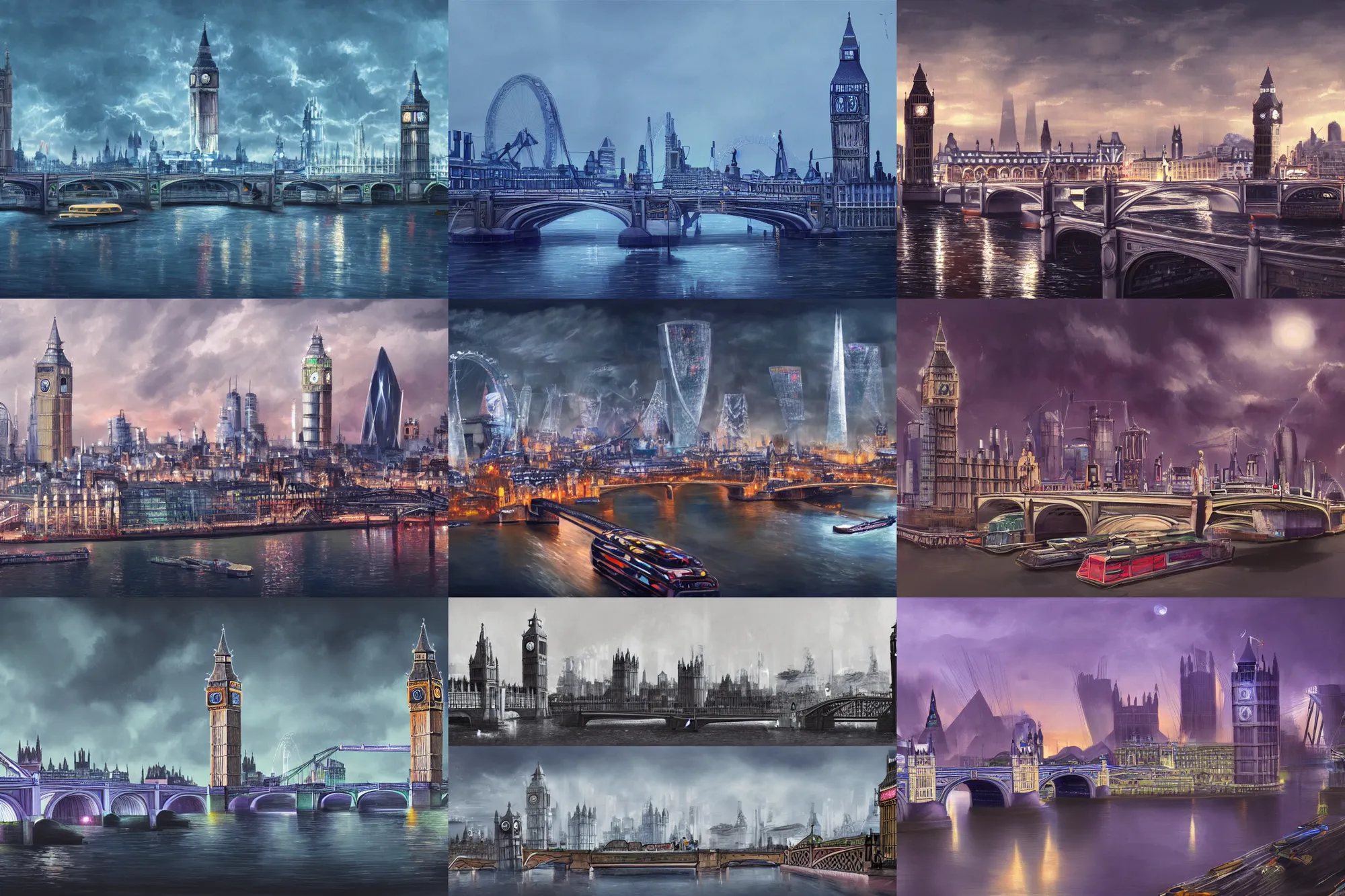 Prompt: futuristic cityscape, London, Big Ben, Tower Bridge, Thames River, mega city, concept art, trending on artstation