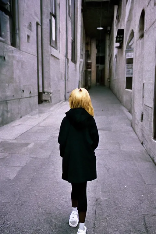 Image similar to high quality realistic street photo of girl, blond hair, clothes in the style of 1 9 9 0, sneakers, lowered socks, loose coat ; kodak ektar, 2 0 0 iso, 3 5 mm lens, bill henson style beautiful chiaroscuro lighting, beautiful colour palette, beautiful and realistic, wide shot