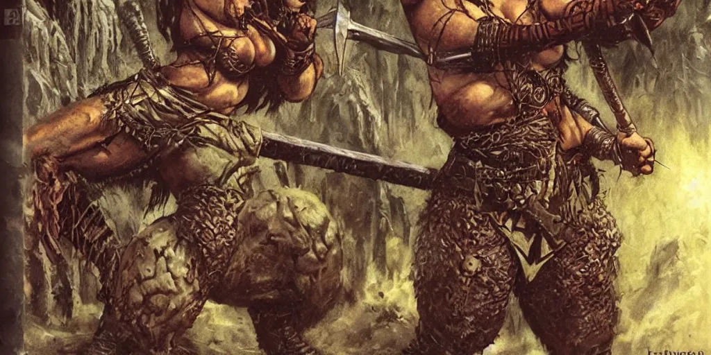 Image similar to heroquest cover art depicting female barbarian by Les Edwards, high quality