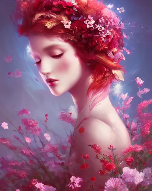 Image similar to red-haired summer goddess in a swirling dress of flowers, floral couture, radiant light, flowery fashion, vortex of petals, by WLOP and artgerm, artstation, deviantart, pixiv