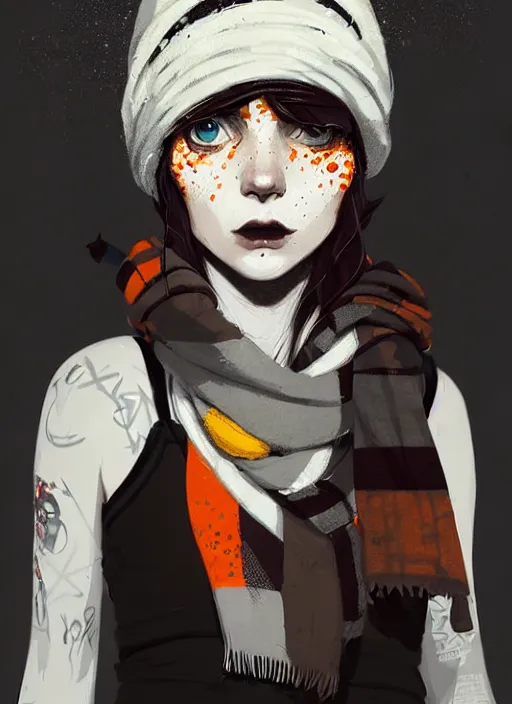 Image similar to highly detailed portrait of a sewer punk lady student, freckles, beanie cap, tartan scarf, white hair by atey ghailan, by greg rutkowski, by greg tocchini, by james gilleard, by joe fenton, by kaethe butcher, gradient, orange, black, brown and cream color scheme, grunge aesthetic!!! white graffiti tag wall background