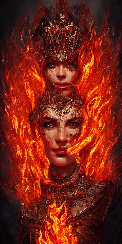 Image similar to Fantasy character portrait of distorted detailed painting of a queen woman made of fire, hyper detailed, red flames, trending on Artstation