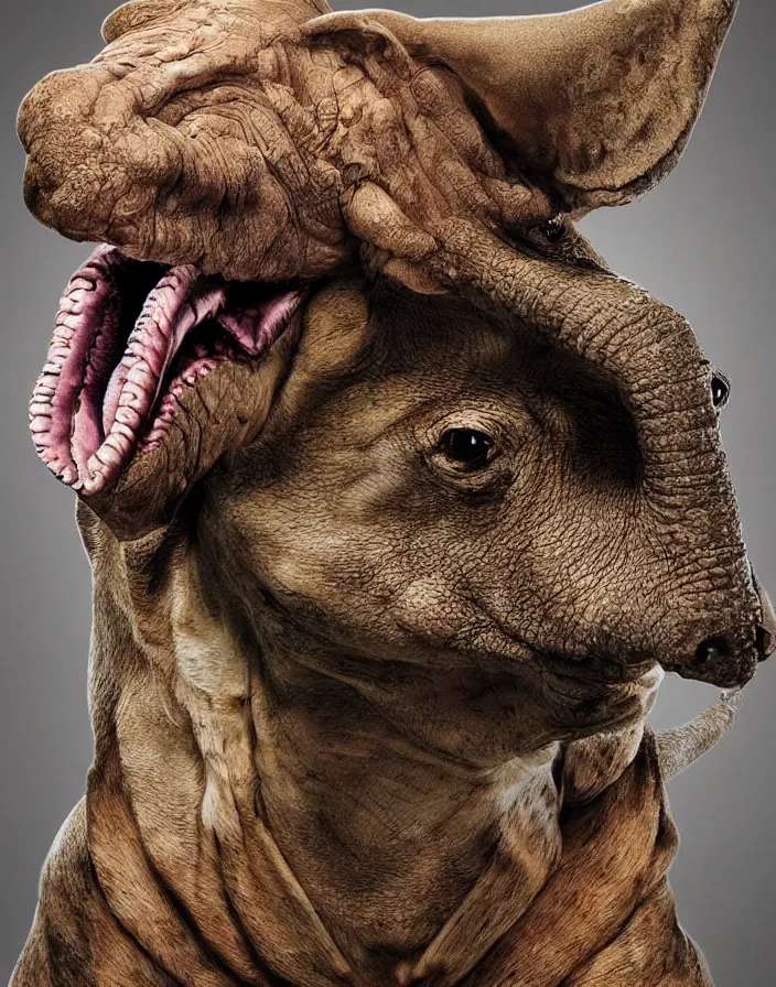 Prompt: portrait of muscular animal human merged head skin ears, no background, scales skin dog, cat merged elephant head cow, chicken face morphed fish head, gills, horse head animal merge, morphing dog head, animal eyes, merging crocodile head, anthropomorphic creature