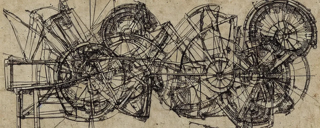 Prompt: a leonardo davinci sketch of an infinite creativity machine, in the style of an engineering drawing