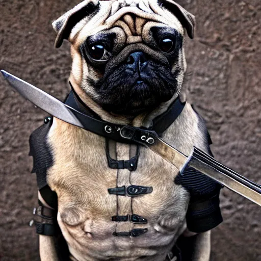 Prompt: A warrior pug with armor and a sword