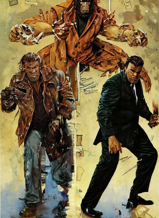 Image similar to full body and head portrait of huge ron perlman rich piana hybrid in tattered suit and trench coat, dynamic action, painted by norman rockwell and phil hale and greg staples and tom lovell and frank schoonover and jack kirby